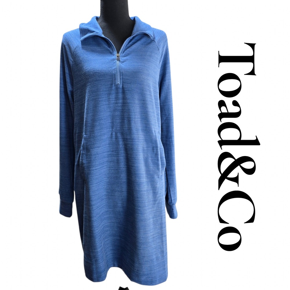 Toad&Co Sweater Dress Womens Medium Blue Poly Quarter Zip Pockets Gorpcore Boho
